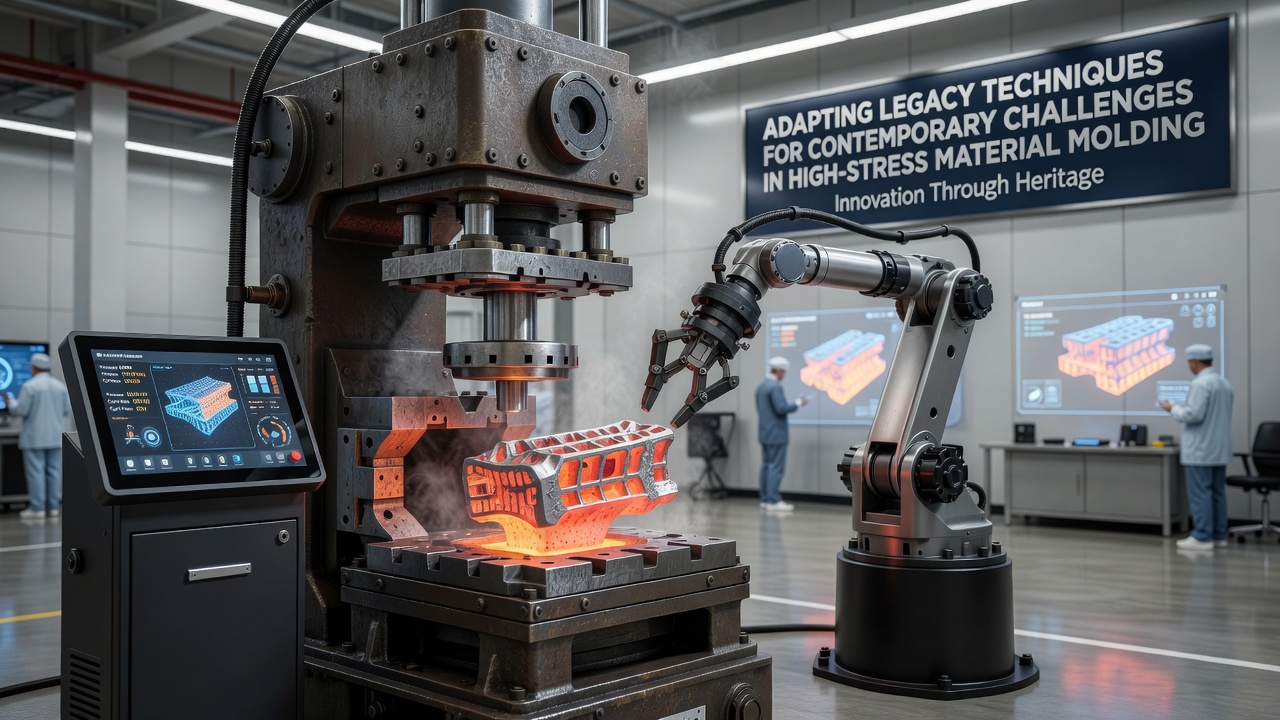 Close-up view of high-stress material being molded using adapted legacy techniques with modern monitoring